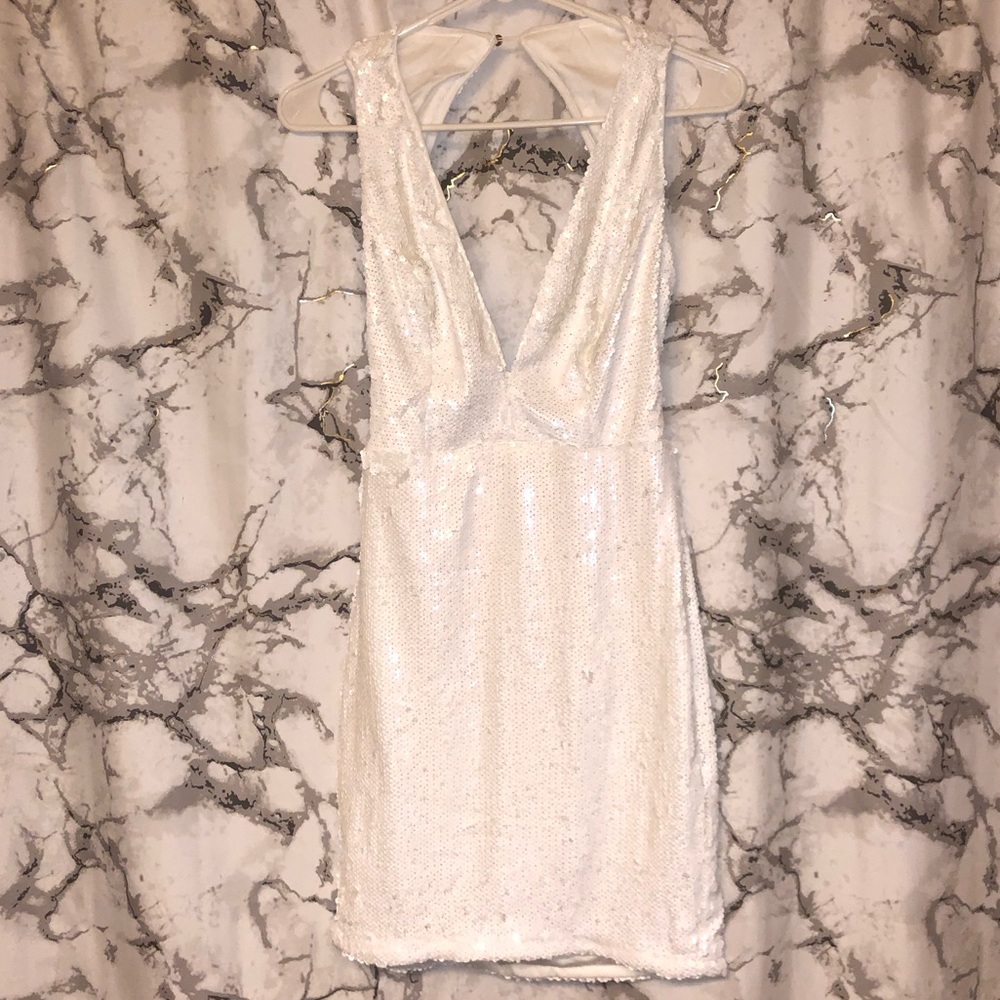 V neck white sequin dress